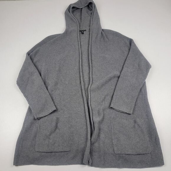 Eileen Fisher Sweaters - Eileen Fisher Long Hooded Cardigan Moon Knit Gray Organic Cotton Size Large
